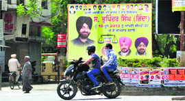 An illegal hoarding installed at the Sarabha Nagar market in Ludhiana.