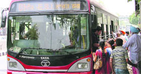 A low-floor bus near Bharat Nagar Chowk in Ludhiana.