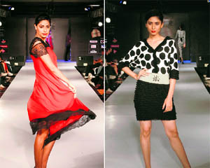 Models display the collections of fashion designers during the ongoing Blenders Pride Punjab International Fashion Week in Ludhiana on Friday.
