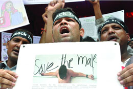 Men rights activists protest at Jantar Mantar in New Delhi on Saturday. 
