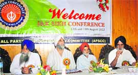 Senior Sikh leaders take part in a conference in Srinagar on Saturday.