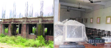 Computers provided to Talwara college under the Punjab Governments EduSat scheme lie unused and (left) the incomplete Science Block. 