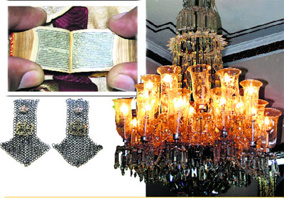 A copy of miniature Guru Granth Sahib, printed in Germany for distribution to the British Sikh troops; a chandelier that once belonged to the Maharaja of Nabha; the two heirlooms are prized possesions of Amar Daljit Singh of Ludhiana; and a pair of epaulets of the 2nd Patiala Lancers, which belonged to the grandfather of Dr A. S. Sekhon of Patiala