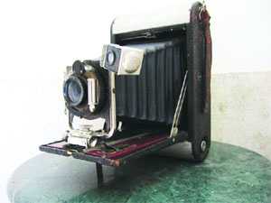 A 1909 pocket Kodak camera manufactured in the USA. The camera, in possession of Yudhvir Singh of Retgarh, belonged to his great-grandfather Raja Gurdit Singh, Prime Minister of the erstwhile state of Patial