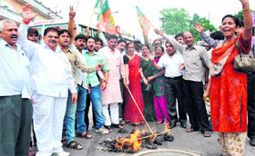BJP activists burn an effigy of the state government in Haridwar on Sunday.