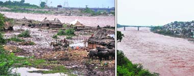 The damage caused by heavy rainfall in an area near Jammu; and (right) the Tawi in spate after the entire Jammu region was lashed by a heavy rain