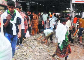 Heaps of sand and stones can be seen on way to Vaishno Devi shrine near Ban Ganga on Sunday