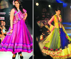 Bollywood actress Huma Qureshi walks the ramp; and (right) a model showcases the creation of a designer during the Punjab International Fashion Week in Ludhiana.