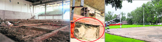 The incomplete indoor basketball stadium at Sports Complex, Sector 42, in Chandigarh; (centre) Tiles missing from Sector-46 Sports Complex.