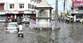 Heavy rain left a chowk flooded in Haridwar on Monday.