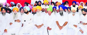 Haryana ex-CM Om Prakash Chautala (green turban), SAD leader Sukhdev Singh Dhindsa (to his right) and other Akali leaders after paying homage to late Sant Harchand Singh Longowal on his 27th death anniversary. Tribune photo: Rajesh Sachar