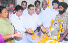 Congress leaders pay homage to late Prime Minister Rajiv Gandhi on his birth anniversary at Congress Bhawan in Jalandhar on Monday.