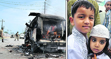 A police vehicle set afire by a violent mob in Srinagar on Monday; and (right) children greet each other after offering prayers at a mosque in Jammu.