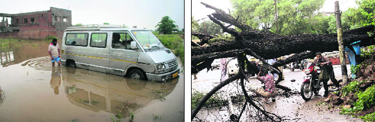 A vehicle stuck in a waterlogged ground in the Gadi Garh area; and (right) a tree uprooted by heavy rain in the Ambphalla area in Jammu on Monday. 
