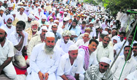 Devotees gather to offer prayers at Jama Masjid in Mandi Ahmedgarh on Monday.