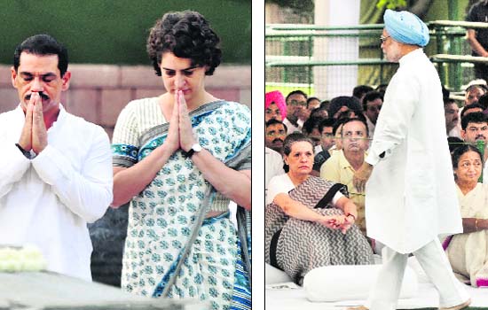 Priyanka Gandhi and her husband Robert Vadra; (and right) UPA chairperson and Congress president Sonia Gandhi and Prime Minister Manmohan Singh pay tribute to former Prime Minister Rajiv Gandhi on his 68th birth anniversary in New Delhi on Monday