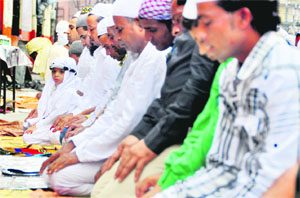 Muslims offer prayers at an idgah in Ludhiana. 