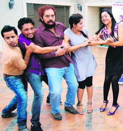 German beauty Claudia Ceisla with the star cast of Yar Pardesi in Amritsar on Tuesday.