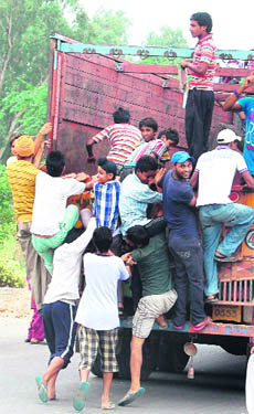 Dangerous Fun: Putting their lives at risk, youths and children climb on a moving truck in Amritsar on Tuesday. 