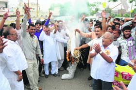 Activists of the Vishwa Hindu Parishad burn an effigy of the terror being spread among the people of North-East in Karnal on Tuesday