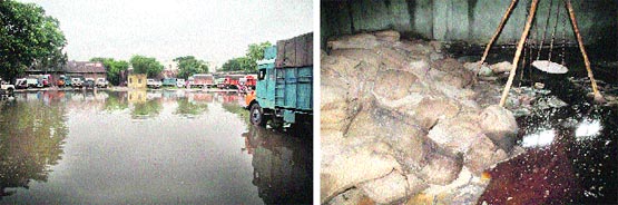 A CAPD store in a water-logged area in Jammu; (Right) Gunnybags containing food grains rot at the warehouse in Jammu on Tuesday. Tribune photos: Inderjeet Singh
