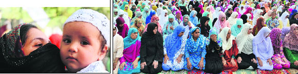 A child accompanies his mother to a mosque. (right) Women attend a congregation to mark the end of Ramadan, the holy month of fasting for Muslims
