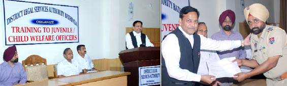 District and Sessions Judge SK Aggarwal (left) addressing the participants at a training programme for juvenile and child officers held in Bathinda on Wednesday; Aggarwal presents a certificate to a participant. 