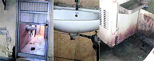 A broken door of a toilet, an out-of-order washbasin and an ill-maintained water cooler at the MC Zone-A office near Mata Rani Chowk in Ludhiana