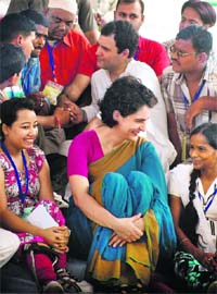 Congress general secretary Rahul Gandhi and Priyanka Vadra interact with differently abled persons in New Delhi