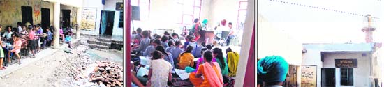 (From left) A class in progress in a verandah, while a pile of construction material and stagnant water pose risk to the students in Government Elementary School, Mustafabad. A class in progress with students squatting on the floor. A high-tension wire passes over Government Elementary School, Mustafabad, Amritsar