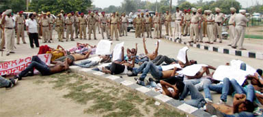 Hundreds of students seeking admission to the Government College, Guruharsahi, protest against the state government in front of the DC office at Ferozepur on Thursday.