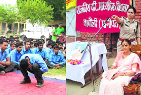 A student undergoes punishment as ordered by  DSP Tanya Surjewala (right) in Panipat. 
