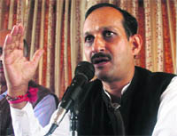 State BJP president Satpal Singh Satti addresses mediapersons in Shimla on Thursday. 