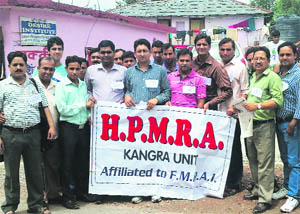 Medical representatives protest in support of their demands in Kangra on Thursday.