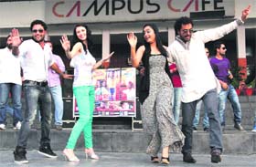 Claudia Ciesla of the Bigg Boss fame dances along with star cast of a Punjabi film at Lovely Professional University near Jalandhar on Thursday
