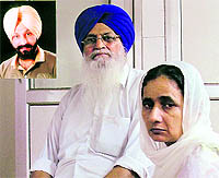 Kin of Bunty Bajwa (inset) in Ludhiana on Thursday
