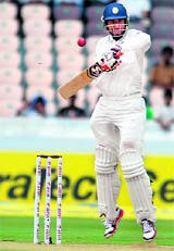 Cheteshwar Pujara leaves a delivery during the first day of the first Test against New Zealand in Hyderabad on Thursday.