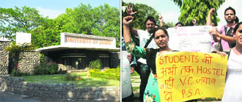 Members of the Progressive Students Association  protest against delay in the allotment of hostel rooms at Jammu University on Thursday. 