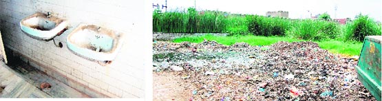 Defunct washroom fittings at Bhai Himmat Singh Satellite Hospital and (right) the garbage dump and wild growth outside the hospital at Ghanupur Kale in Amritsar. photos: Sameer Sehgal