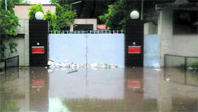 The view outside the Bathinda Deputy Commissioners residence. Sandbags were placed at the gate to prevent water from entering.