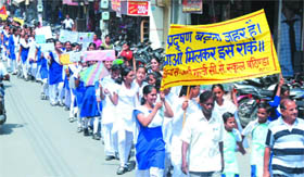 Students take out an awareness rally to raise environmental concerns in Bathinda on Saturday.