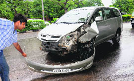 An Innova car, which was hit by an auto-rickshaw outside the GMSH-16, in Chandigarh on Saturday. 