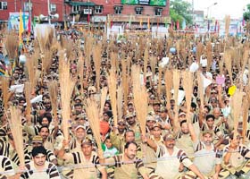 Dera Sacha Sauda devotees prepare to launch their cleanliness drive in Hisar on Saturday
