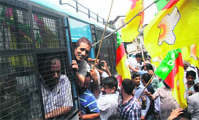 Members of the JKDF court arrest while demanding an allowance for the unemployed youth during a protest in Jammu on Saturday.