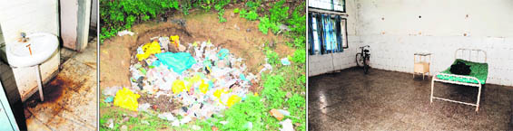 The unhygienic condition of a washroom; bio-medical waste thrown in an open pit; a view of a female ward at Satellite Hospital, Fatehpur, Amritsar. 