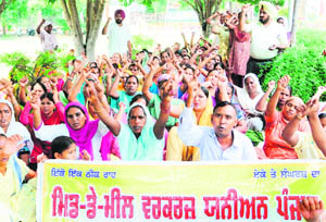 Mid-day meal workers hold a protest at Company Bagh in Amritsar on Sunday. 