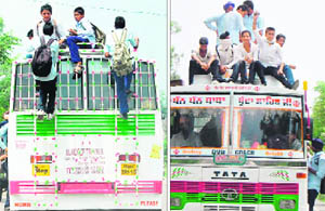 Unmindful of the risks involved, students travel on overcrowded buses in Amritsar.