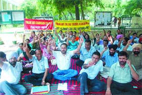 Irate over not being provided the arrears as per the recommendations of the Sixth Pay Commission, college teachers hold a dharna against the state government in Bathinda on Saturday