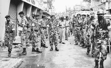 Security personnel keeping vigil in violence-hit Dhubri district of Assam earlier this month. The tsunami of violence that has hit the nation indicates that the situation is being exploited by inimical forces to keep India away from the path of peace, harmony and growth 