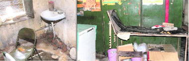 The building in dilapidated condition and (right) a tatttered, dusty mattress is all there in the name of a bed at Kazi Mandi dispensary.